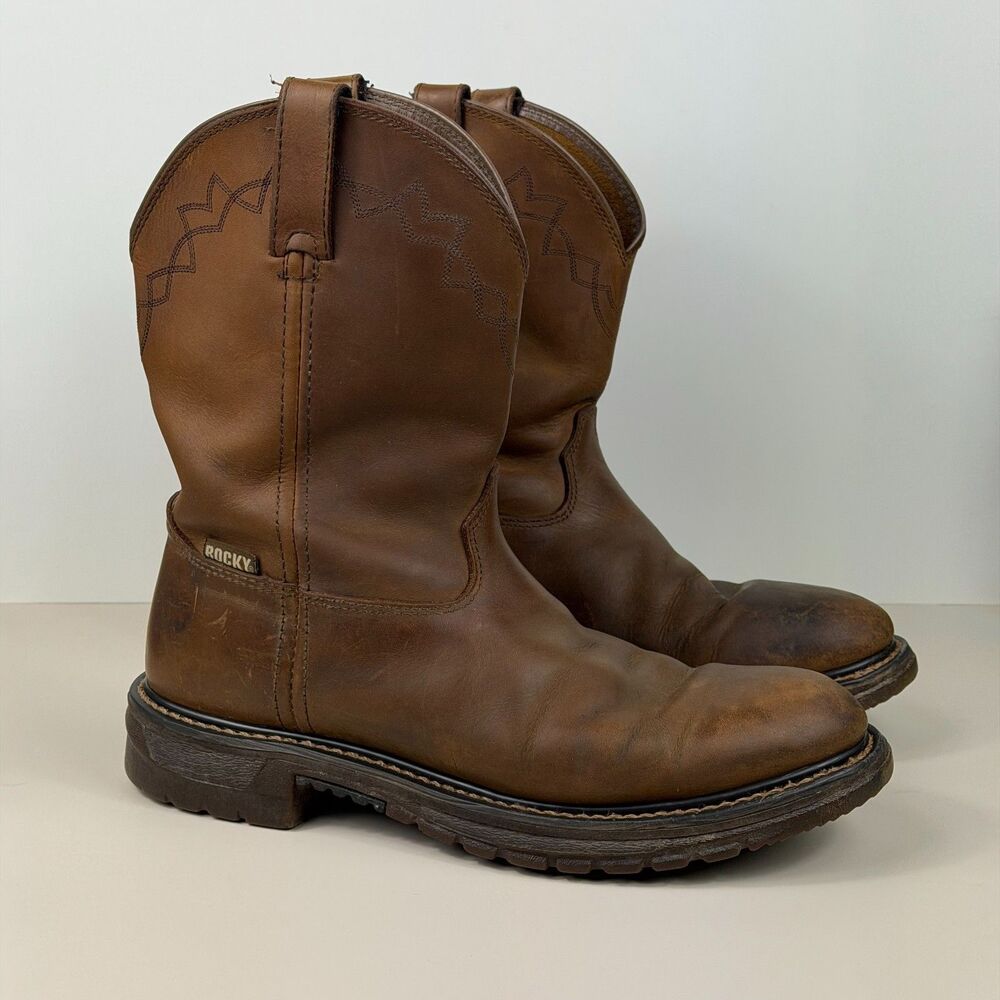 Rocky Men’s 10M Brown Leather Western Work Boots Pull On Distressed Cowboy